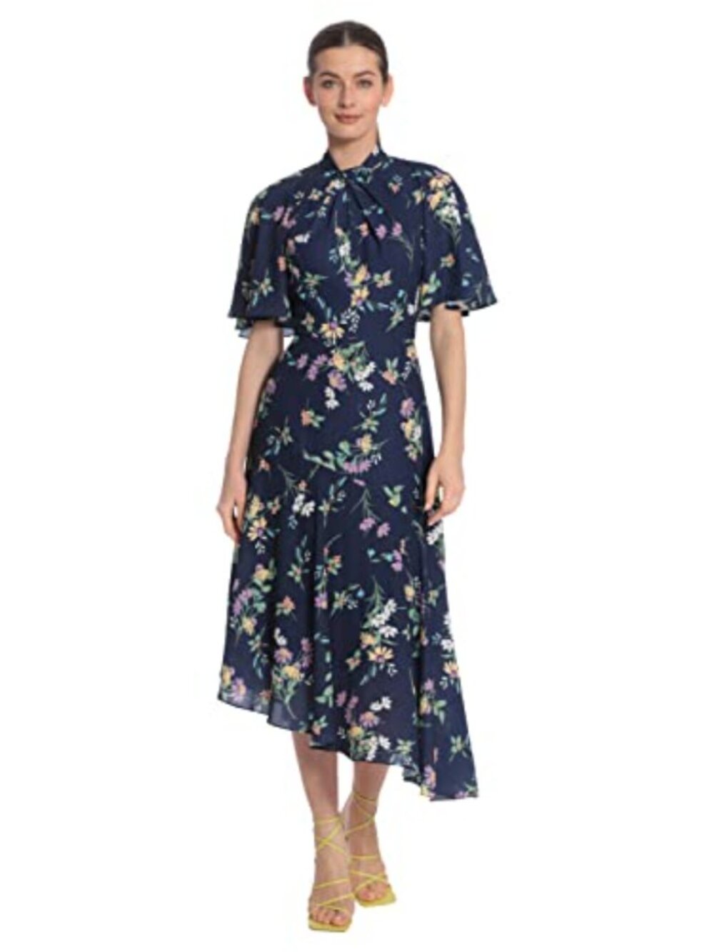 Maggy London Floral Print Flutter Sleeve Midi Dress Twist Mock Neck